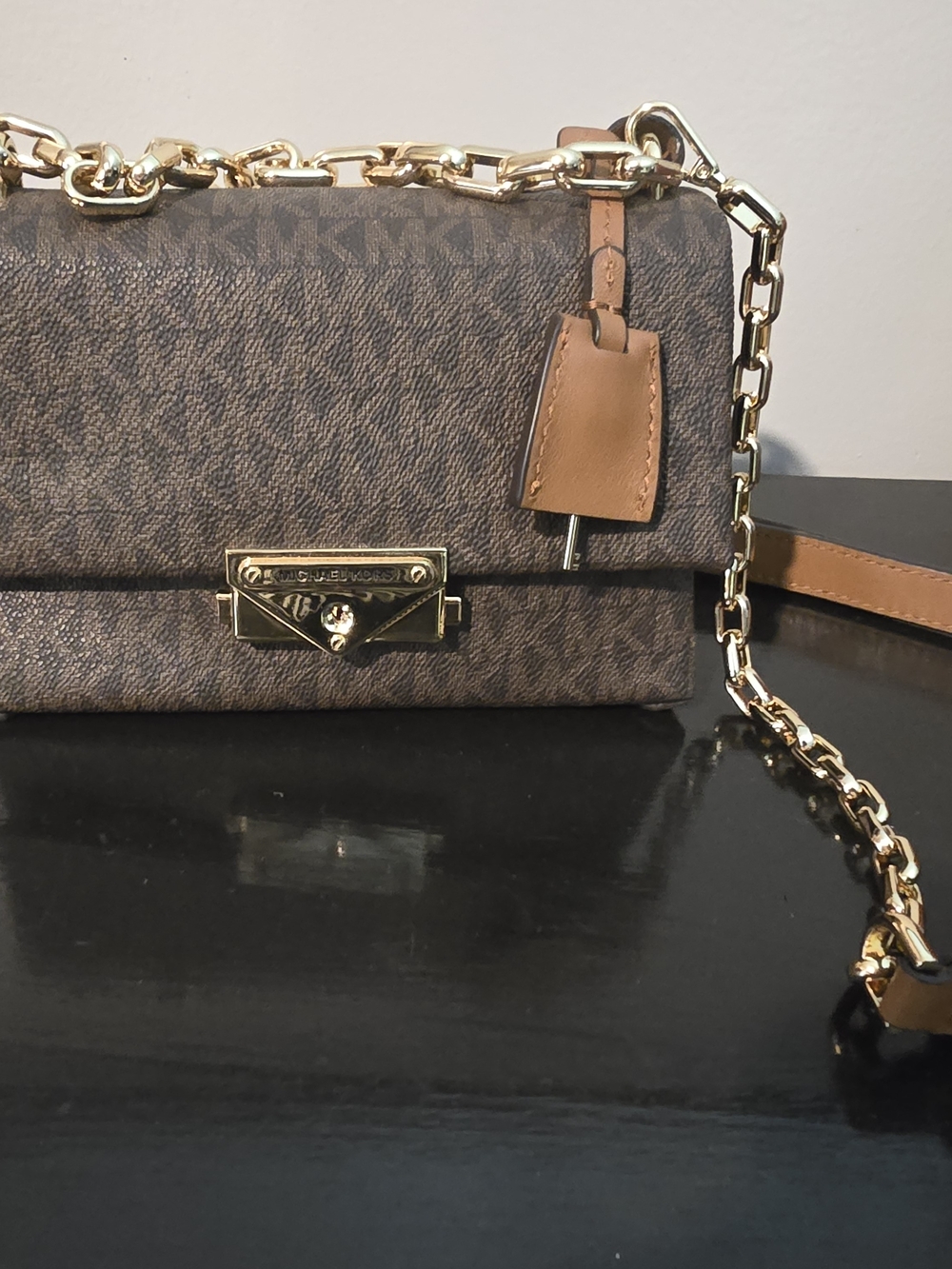 brown Michael Kors Cece Medium Logo Shoulder Bag Gold Chain Strap